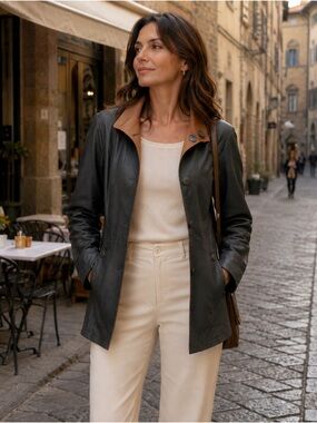 Vintage Misuri Firenze Italian Leather Jacket Sz 42 Black Brown Trim Coat